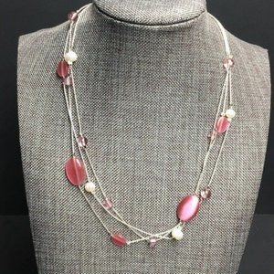 White Stag Moonstone Necklace Pink Silver Triple Strand Oval Transluscent Pearl